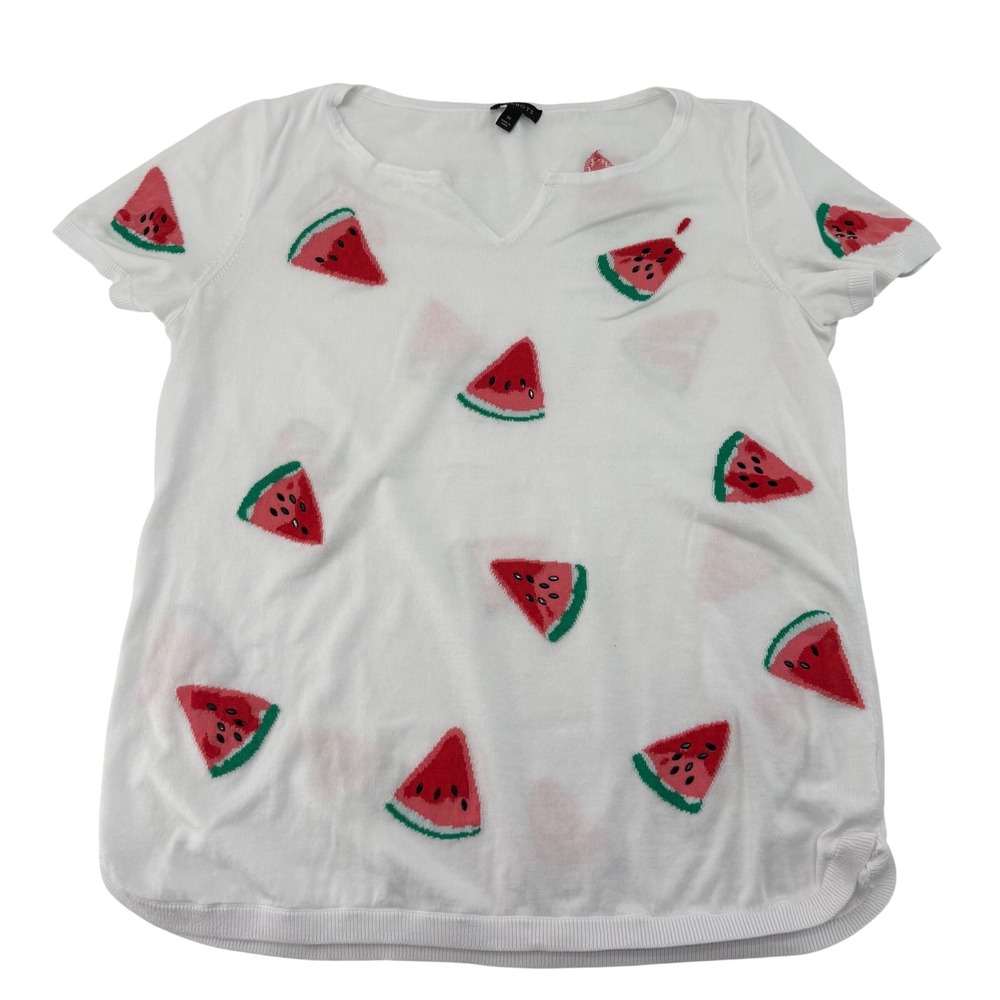 Talbots Womens White Watermelon Print Split V-Neck Knit Top Short Sleeve Medium